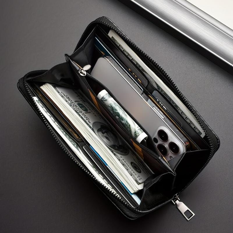 Men's Large Capacity Leather Zipper Long Wallet Clutch Bag