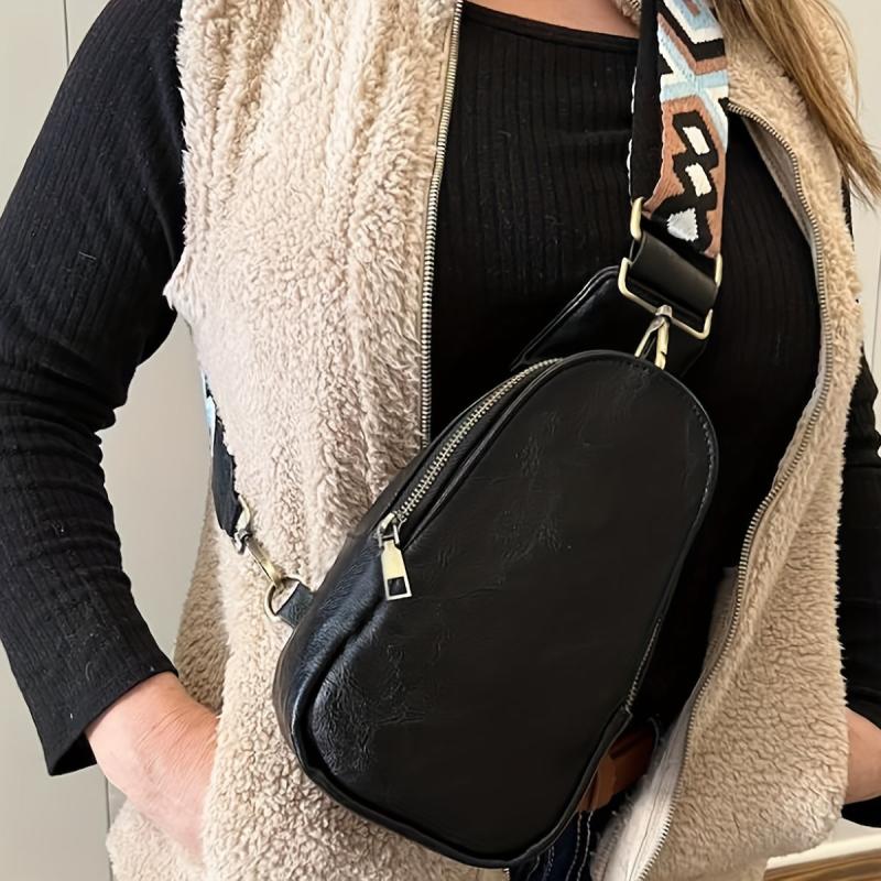 Vintage Geometric Strap Crossbody Bag PU Leather Chest Purse
