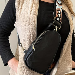 Vintage Geometric Strap Crossbody Bag PU Leather Chest Purse