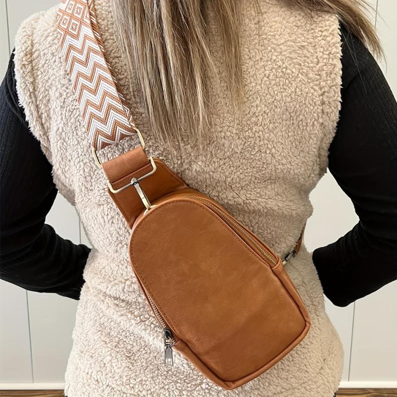 Vintage Geometric Strap Crossbody Bag PU Leather Chest Purse