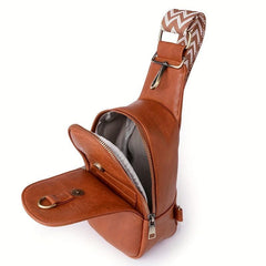 Vintage Sling Backpack Wide Guitar Strap Chest Bag Boho Style PU Leather