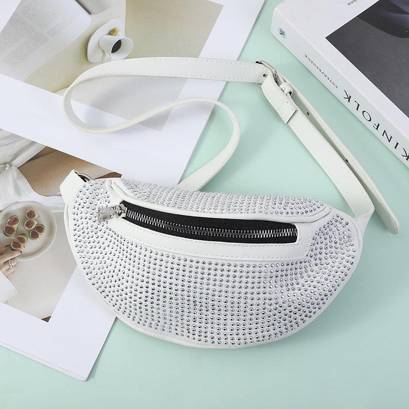 Rhinestone Zipper Fanny Pack Shoulder Zipper Bag Chain Satchel Purses