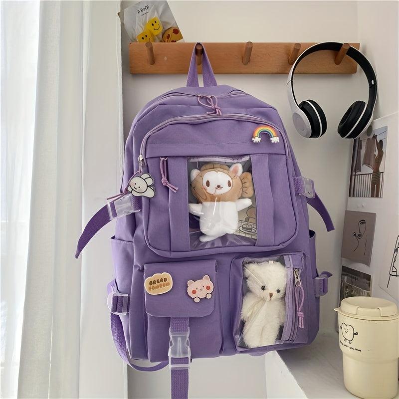 Large Capacity Backpack Male/Female Adjustable School Bookbag Purple & Khaki