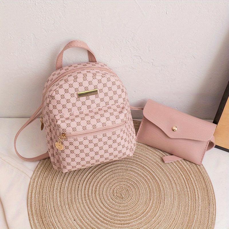Geometric Pattern Zipper Backpack Set with Handbag and Coin Purse
