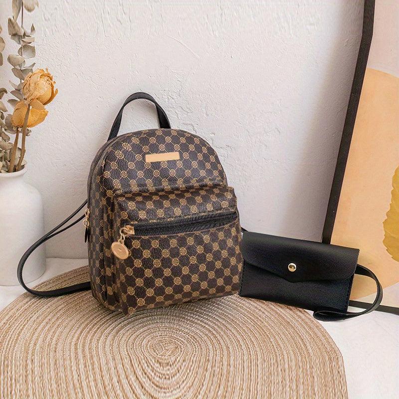Geometric Pattern Zipper Backpack Set with Handbag and Coin Purse