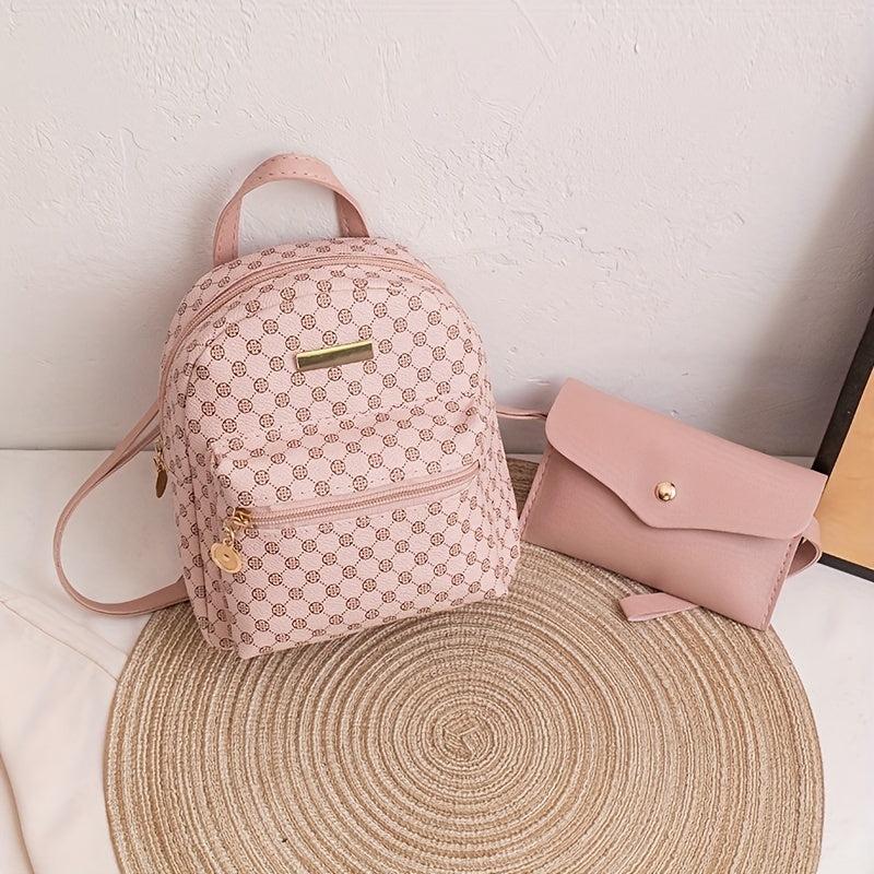 Geometric Pattern Zipper Backpack Set with Handbag and Coin Purse