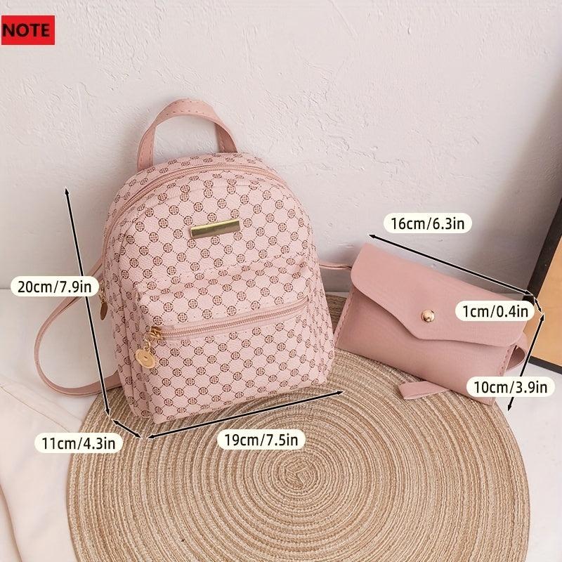 Geometric Pattern Zipper Backpack Set with Handbag and Coin Purse