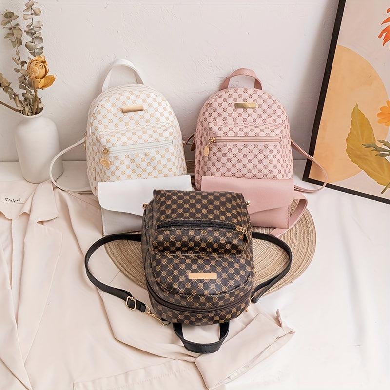 Geometric Pattern Zipper Backpack Set with Handbag and Coin Purse