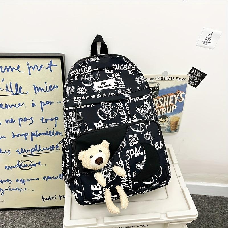 Bear Doll Backpack Graffiti Bag Large capacity Middle School Student Bag