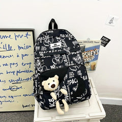 Bear Doll Backpack Graffiti Bag Large capacity Middle School Student Bag