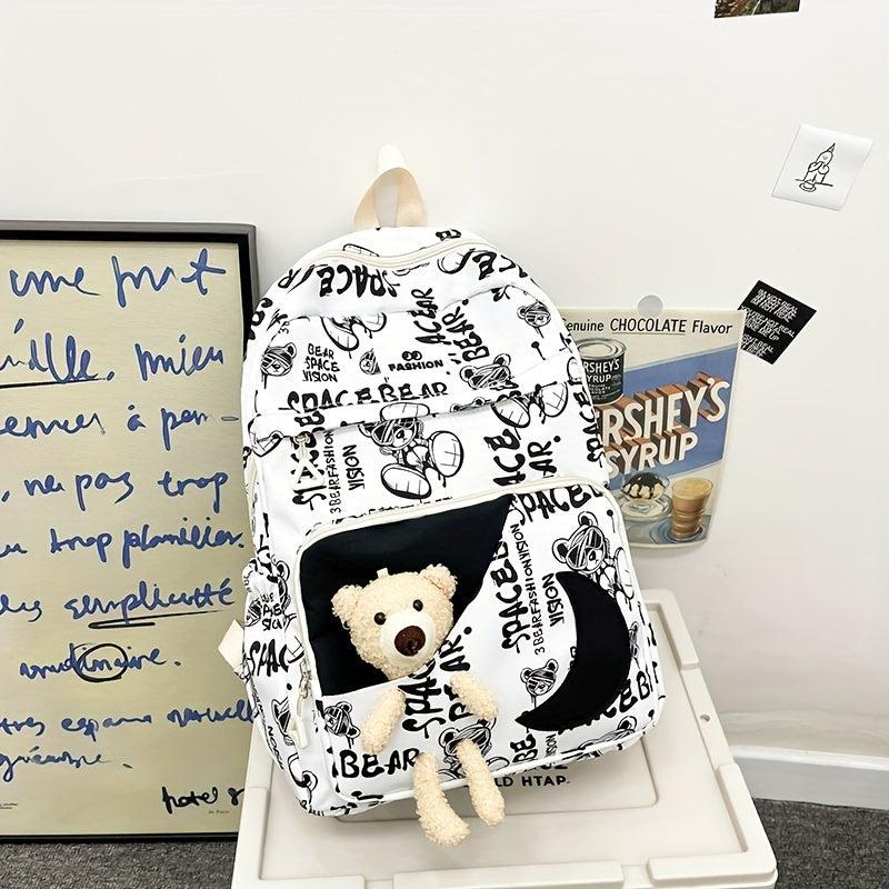 Bear Doll Backpack Graffiti Bag Large capacity Middle School Student Bag