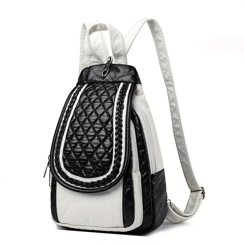 Casual Contrast Backpack Small Braid Argyle Pattern PU Leather Bag