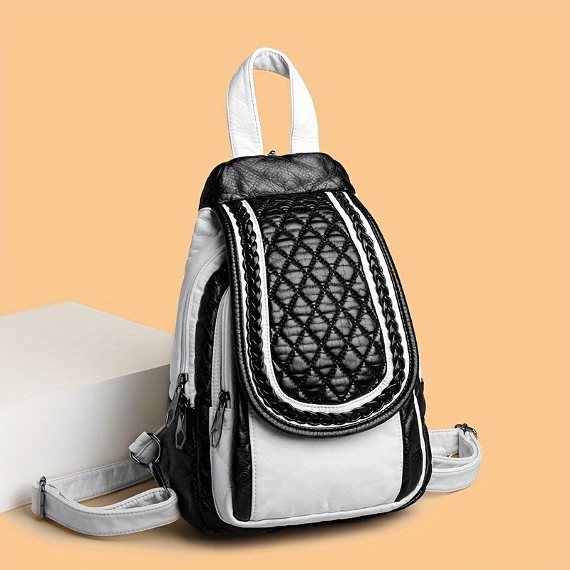 Casual Contrast Backpack Small Braid Argyle Pattern PU Leather Bag