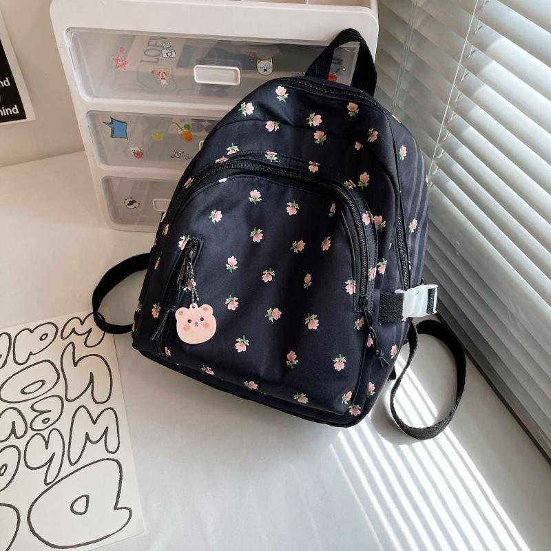 Floral Backpack With Bear Pendant for Women's Daily Use