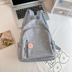 Floral Backpack With Bear Pendant for Women's Daily Use