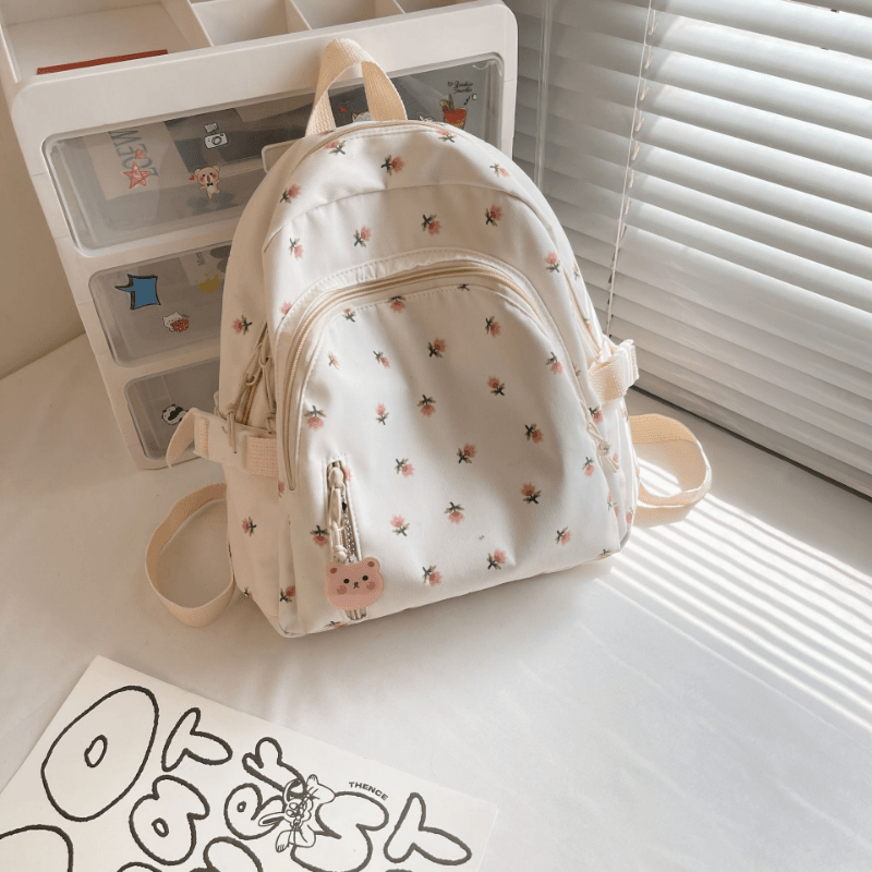 Floral Backpack With Bear Pendant for Women's Daily Use