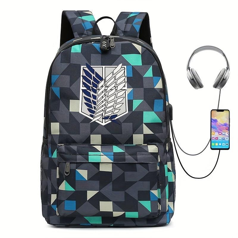 Printed Backpack USB Charging Port Earphone Jack Large Capacity Schoolbag