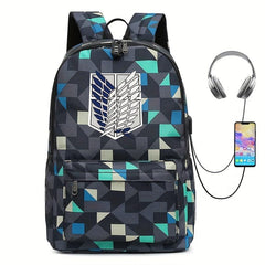 Printed Backpack USB Charging Port Earphone Jack Large Capacity Schoolbag