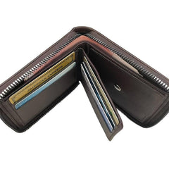 Men's Zipper Card Holder Short Wallet Leather Large Capacity Vintage
