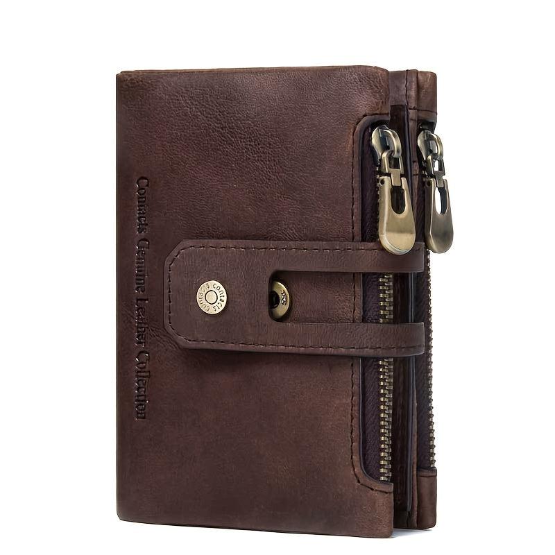 Men's Vintage Leather Short Wallet with Zipper Snap Button