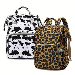 Cow Print Leopard Print Casual Backpack Waterproof Large Capacity Mommy Bag