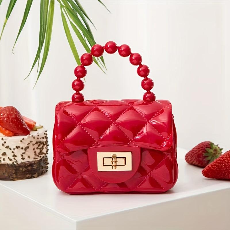 Rhombus Jelly Mini Crossbody Bag with Faux Pearl Portable Handbag
