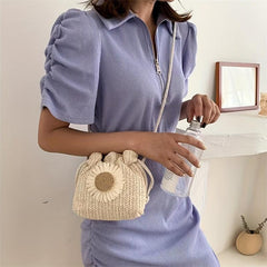 Chrysanthemum Pattern Crossbody Bag Bohemian Style Straw Woven Bucket