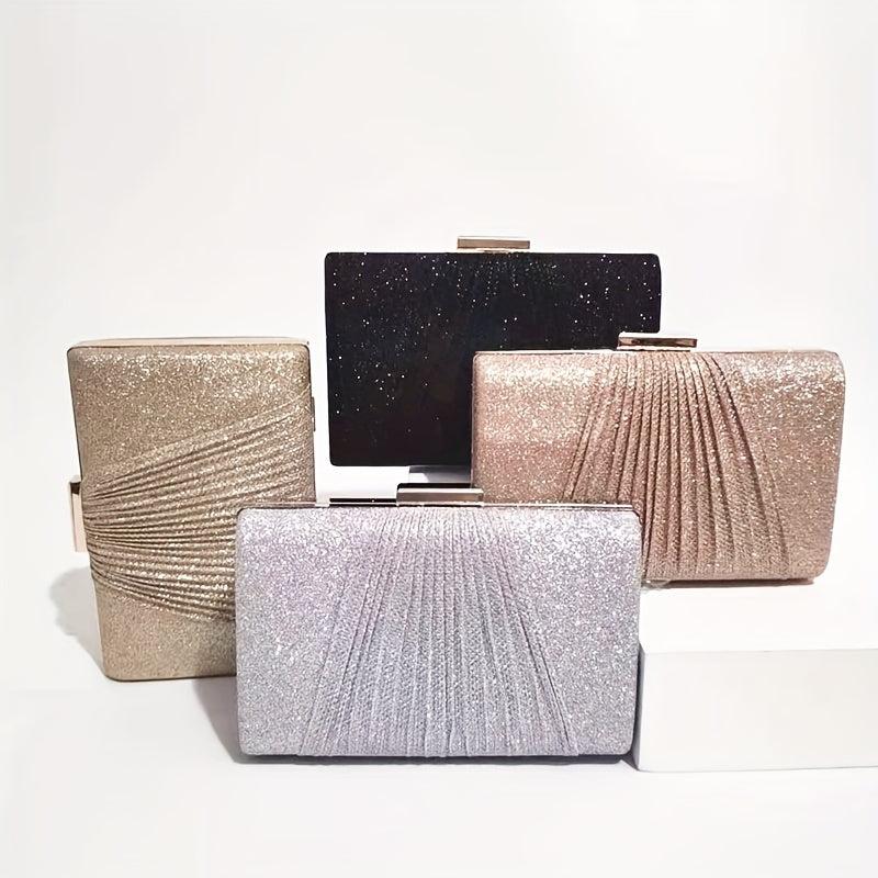 Glitter Ruched Evening Bag Women's Chain Box Handbag Clutch Purse