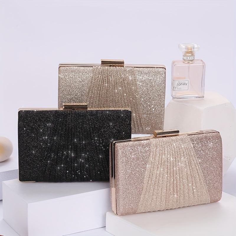 Glitter Ruched Evening Bag Women's Chain Box Handbag Clutch Purse