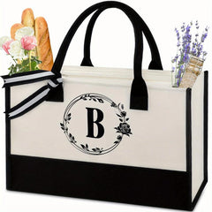 Canvas Letter Print Zipper Tote Bag Large Capacity Handbag