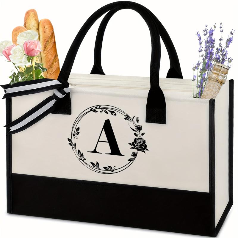 Canvas Letter Print Zipper Tote Bag Large Capacity Handbag
