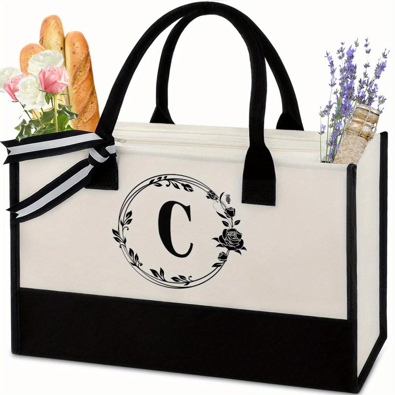 Canvas Letter Print Zipper Tote Bag Large Capacity Handbag