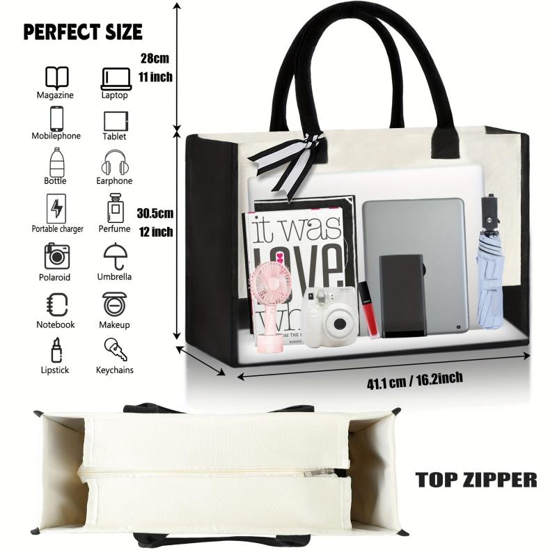 Canvas Letter Print Zipper Tote Bag Large Capacity Handbag