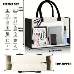 Canvas Letter Print Zipper Tote Bag Large Capacity Handbag