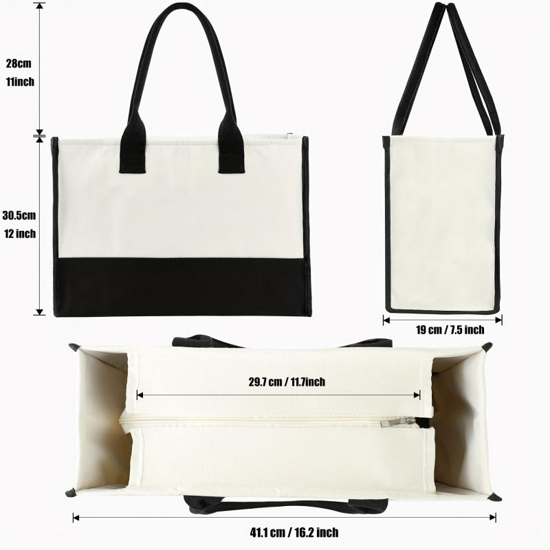 Canvas Letter Print Zipper Tote Bag Large Capacity Handbag