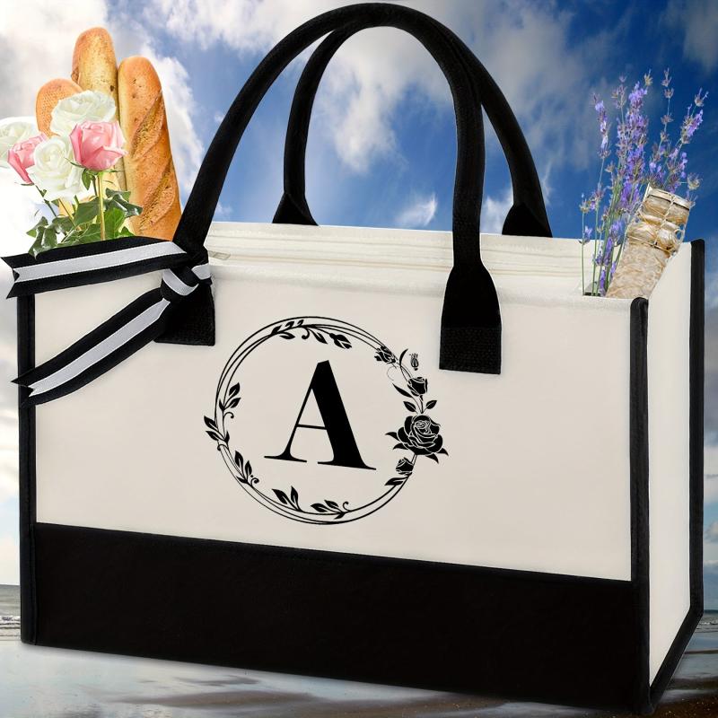 Canvas Letter Print Zipper Tote Bag Large Capacity Handbag