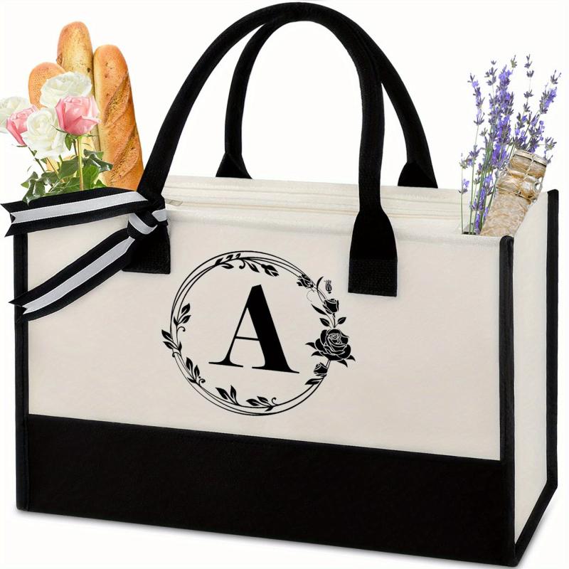 Canvas Letter Print Zipper Tote Bag Large Capacity Handbag