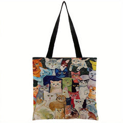 Graphic Cat Print Canvas Bag Lightweight Shoulder Bag