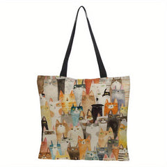 Graphic Cat Print Canvas Bag Lightweight Shoulder Bag