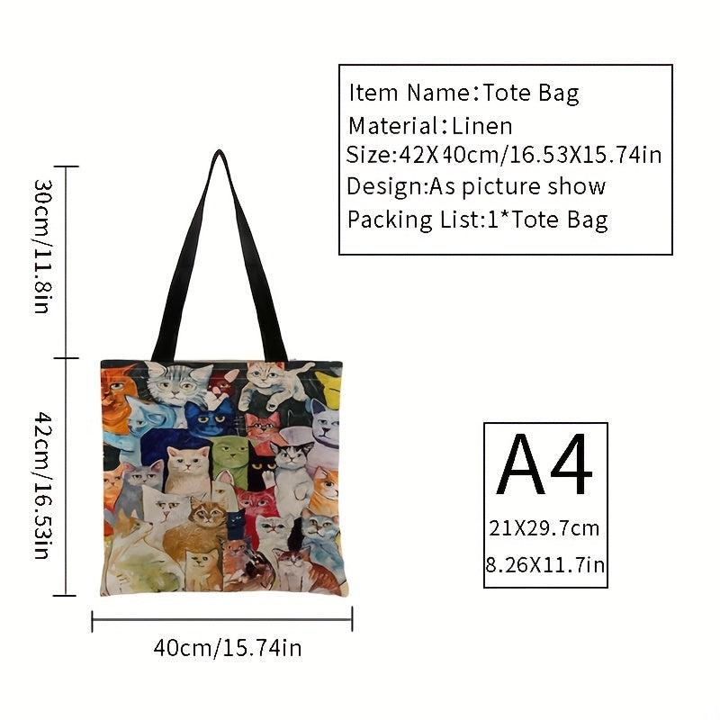 Graphic Cat Print Canvas Bag Lightweight Shoulder Bag