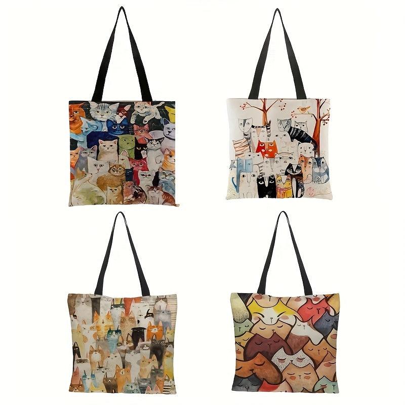Graphic Cat Print Canvas Bag Lightweight Shoulder Bag