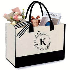 Monogrammed Canvas Tote Bag with Zipper Pocket - Letter K