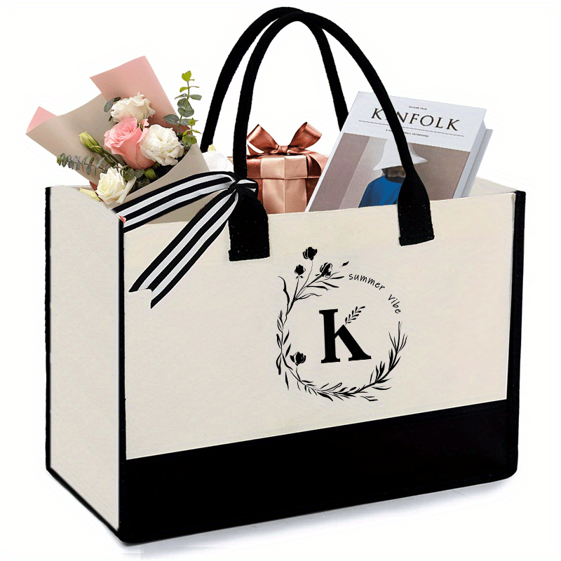 Monogrammed Canvas Tote Bag with Zipper Pocket - Letter K