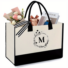 Embroidered Monogram Canvas Tote Bag with Zipper Pocket - Letter M