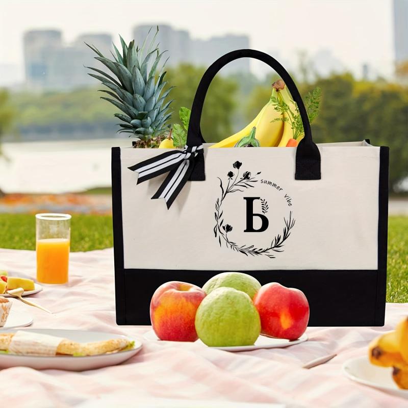 Monogram Canvas Tote Bag - Letter V Embroidery - Personalized