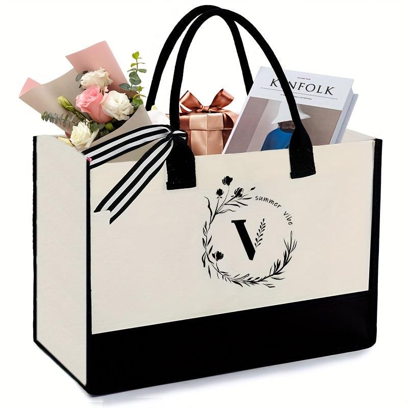 Monogram Canvas Tote Bag - Letter V Embroidery - Personalized