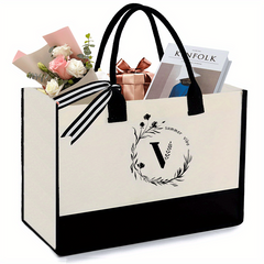 Monogram Canvas Tote Bag - Letter V Embroidery - Personalized