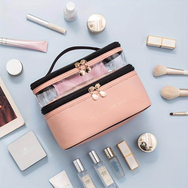 Double Layer Cosmetic Bag Solid PU Transparent Wash Handbag