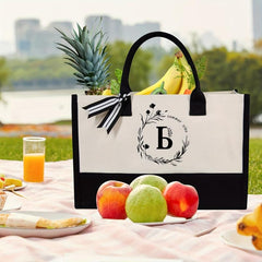 Monogrammed Letter B Canvas Tote Bag with Zipper Pocket