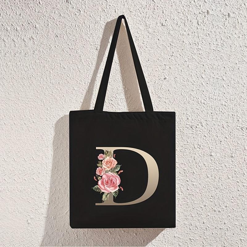 Floral Initial Tote Bag Commuter Bag Shoulder Bag Reusable Eco friendly